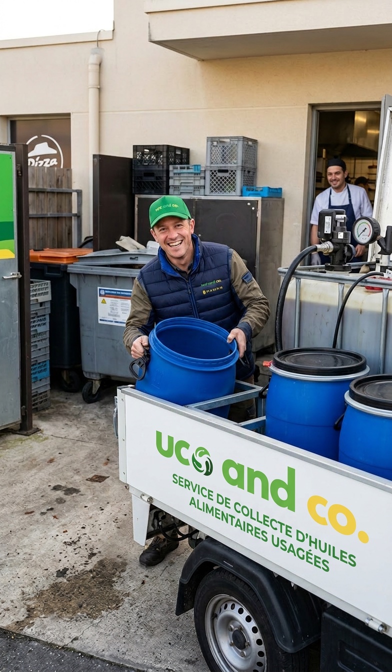Collecteur UCO AND CO pompant de l'huile alimentaire usagée sur cuve IBC chez un restaurateur