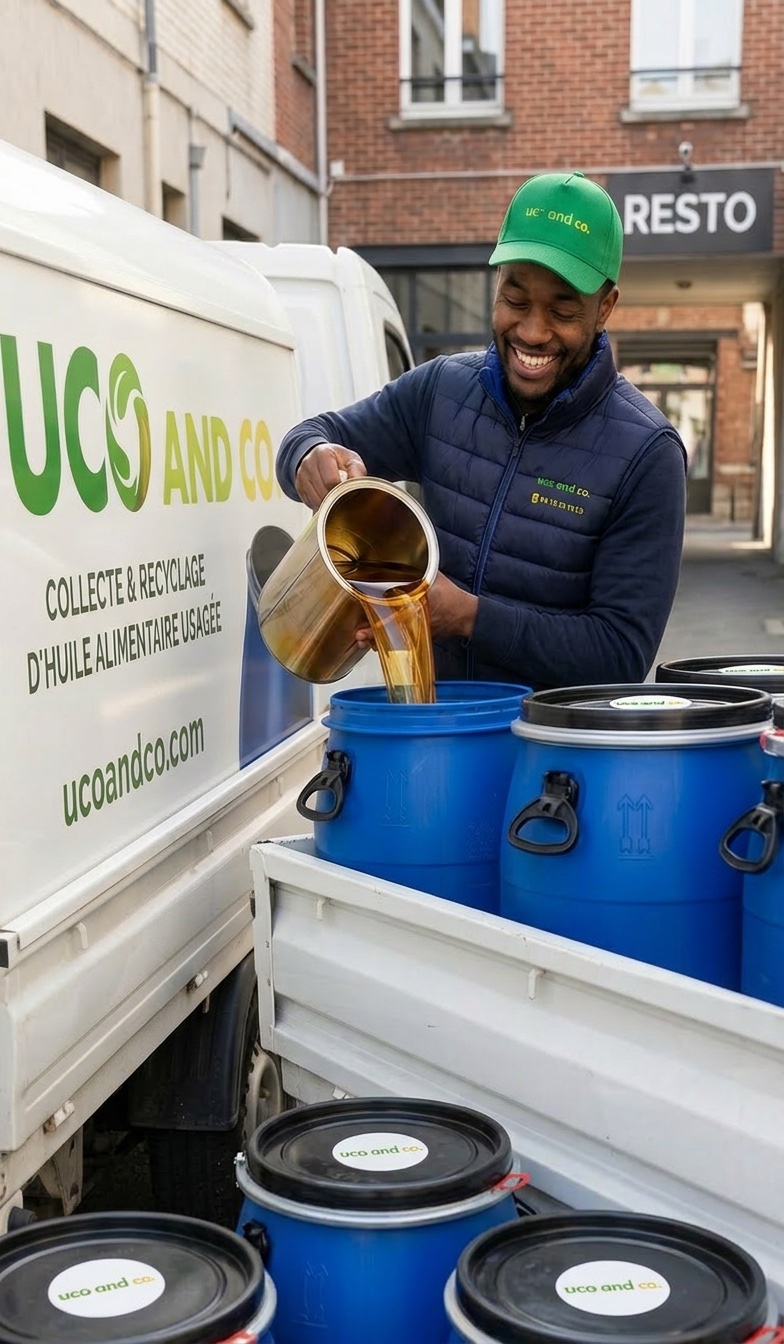 Collecteur UCO AND CO en action versant de l'huile de friture usagée dans un bidon bleu