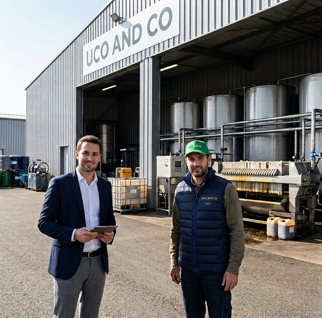 Équipe UCO AND CO devant le centre de traitement d'huiles alimentaires usagées